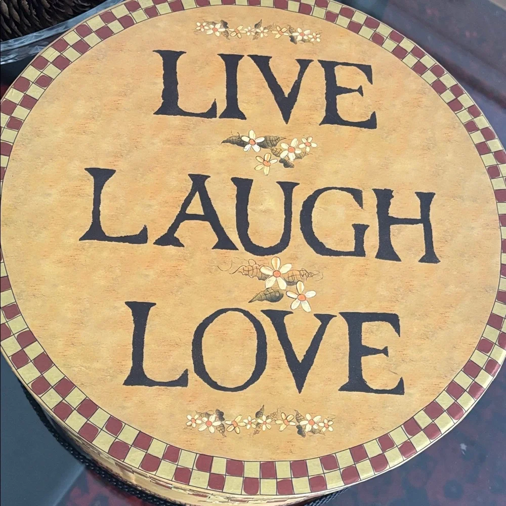Round hat Storage Box “Live Laugh Love” Design – Yellow, Red & Black – 2005